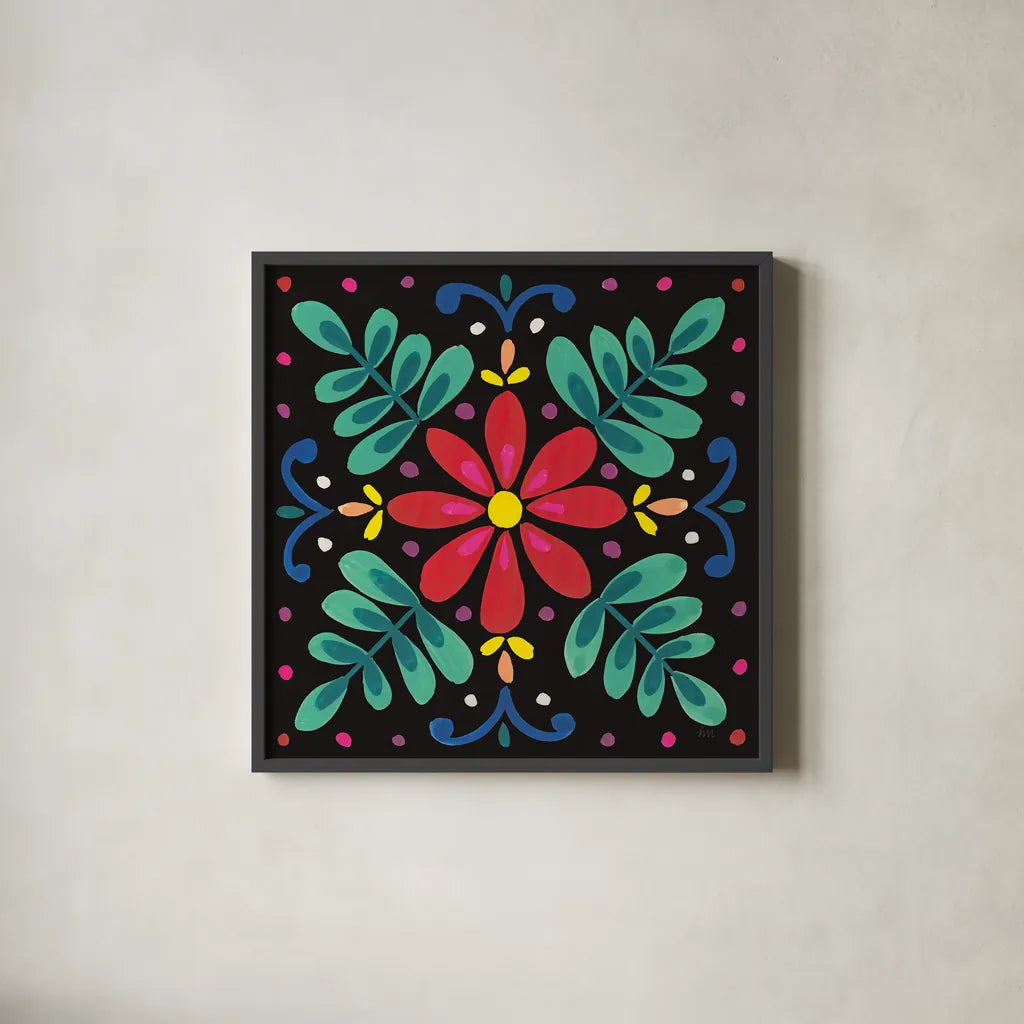 Floral Fiesta Tile VI by Laura Marshall. Shown in a sleek black glass frame for a contemporary gallery look. Available as an archival giclee rolled canvas, fine art paper, or poster print. SKU 41508a.