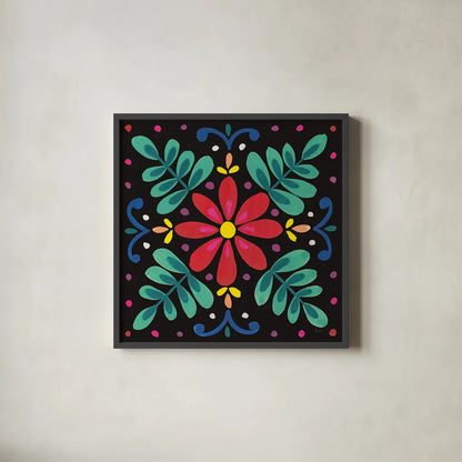 Floral Fiesta Tile VI by Laura Marshall. Shown in a sleek black glass frame for a contemporary gallery look. Available as an archival giclee rolled canvas, fine art paper, or poster print. SKU 41508a.