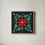 Floral Fiesta Tile VI by Laura Marshall. Shown in a natural wood glass frame for a timeless modern aesthetic. Available as an archival giclee rolled canvas, fine art paper, or poster print. SKU 41508a.