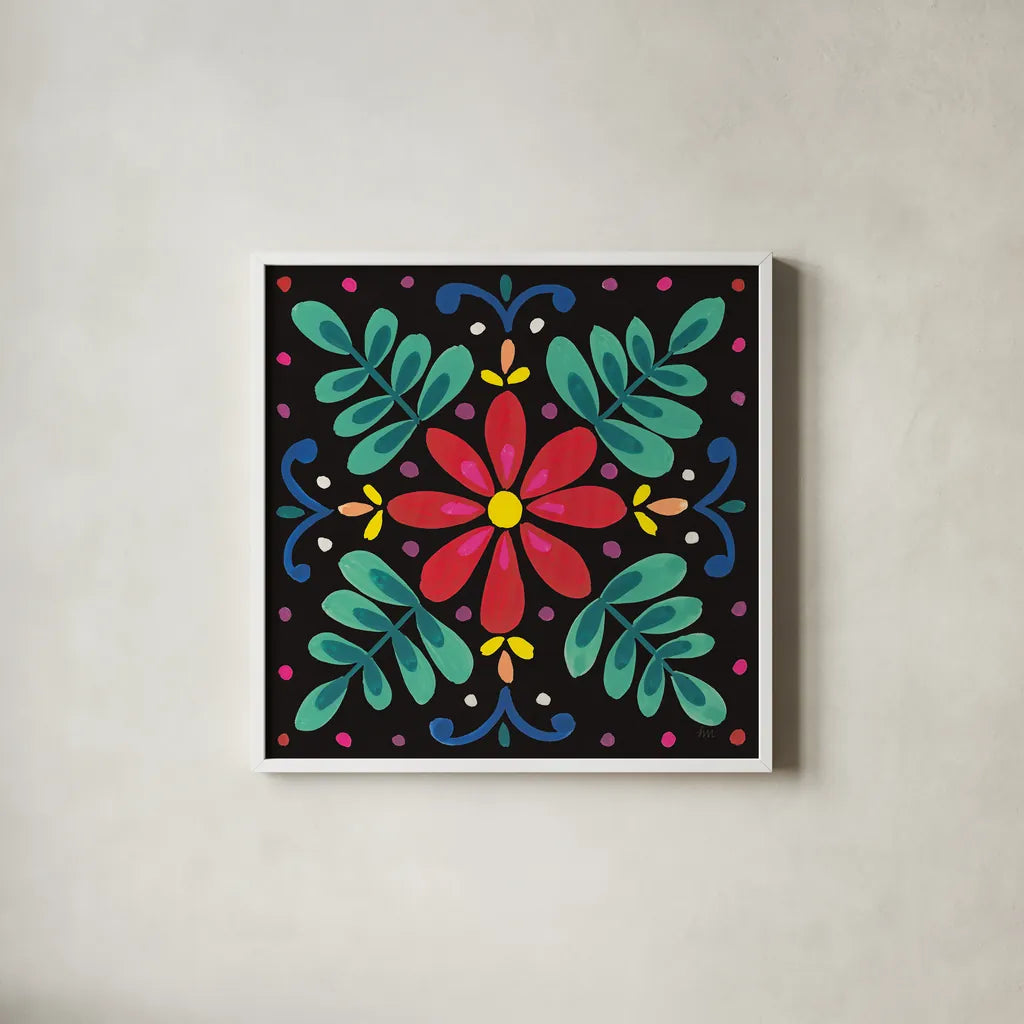 Floral Fiesta Tile VI by Laura Marshall. Shown in a crisp white glass frame for a clean and minimalist style. Available as an archival giclee rolled canvas, fine art paper, or poster print. SKU 41508a.