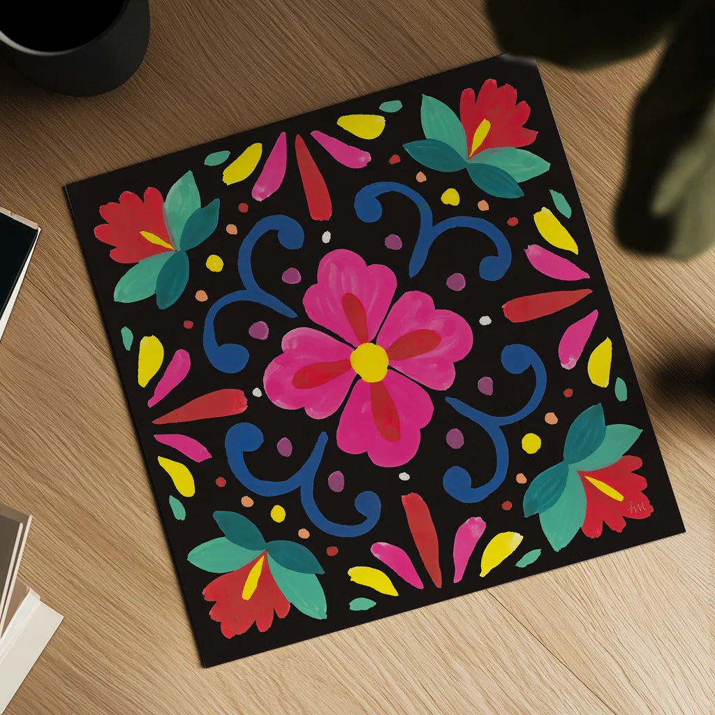 Floral Fiesta Tile VII by Laura Marshall. Shown as a detailed flat fine art print, highlighting archival giclee quality. Available as an archival giclee rolled canvas, fine art paper, or poster print. SKU 41509a.