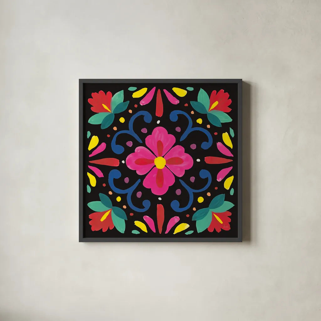 Floral Fiesta Tile VII by Laura Marshall. Shown in a sleek black glass frame for a contemporary gallery look. Available as an archival giclee rolled canvas, fine art paper, or poster print. SKU 41509a.