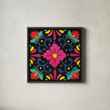 Floral Fiesta Tile VII by Laura Marshall. Shown in a sleek black glass frame for a contemporary gallery look. Available as an archival giclee rolled canvas, fine art paper, or poster print. SKU 41509a.
