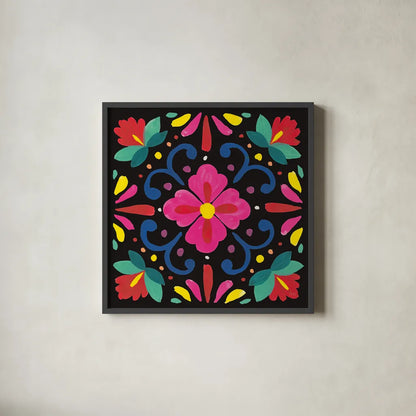 Floral Fiesta Tile VII by Laura Marshall. Shown in a sleek black glass frame for a contemporary gallery look. Available as an archival giclee rolled canvas, fine art paper, or poster print. SKU 41509a.