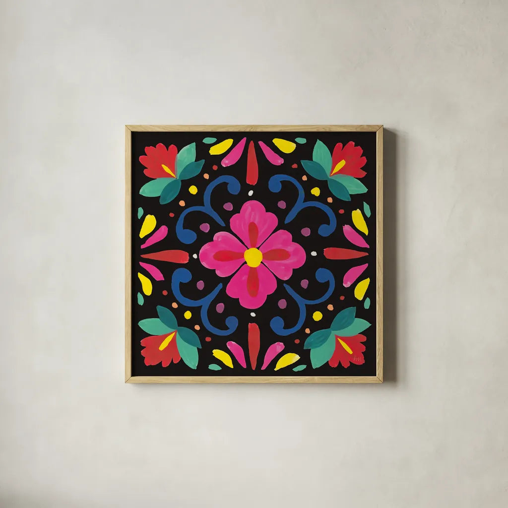 Floral Fiesta Tile VII by Laura Marshall. Shown in a natural wood glass frame for a timeless modern aesthetic. Available as an archival giclee rolled canvas, fine art paper, or poster print. SKU 41509a.