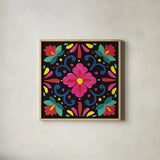 Floral Fiesta Tile VII by Laura Marshall. Shown in a natural wood glass frame for a timeless modern aesthetic. Available as an archival giclee rolled canvas, fine art paper, or poster print. SKU 41509a.