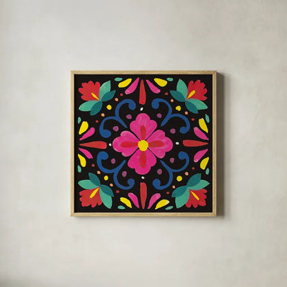 Floral Fiesta Tile VII by Laura Marshall. Shown in a natural wood glass frame for a timeless modern aesthetic. Available as an archival giclee rolled canvas, fine art paper, or poster print. SKU 41509a.