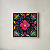 Floral Fiesta Tile VII by Laura Marshall. Shown in a crisp white glass frame for a clean and minimalist style. Available as an archival giclee rolled canvas, fine art paper, or poster print. SKU 41509a.