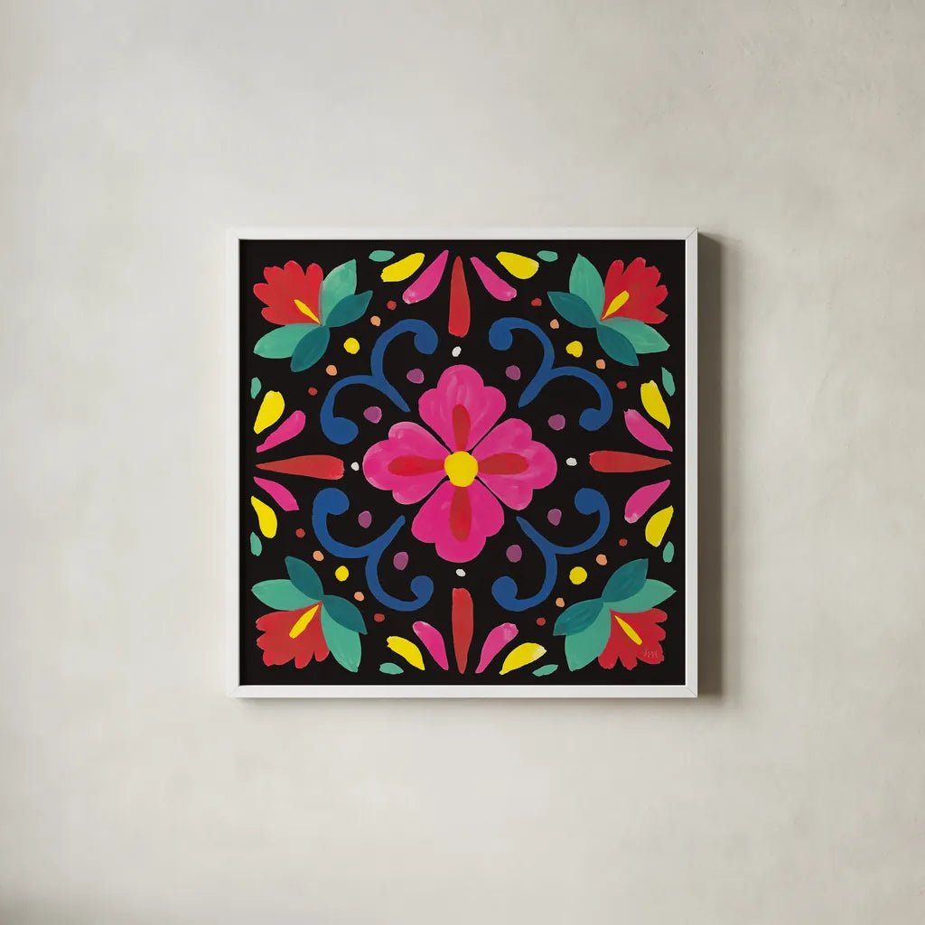 Floral Fiesta Tile VII by Laura Marshall. Shown in a crisp white glass frame for a clean and minimalist style. Available as an archival giclee rolled canvas, fine art paper, or poster print. SKU 41509a.
