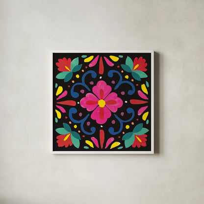 Floral Fiesta Tile VII by Laura Marshall. Shown in a crisp white glass frame for a clean and minimalist style. Available as an archival giclee rolled canvas, fine art paper, or poster print. SKU 41509a.