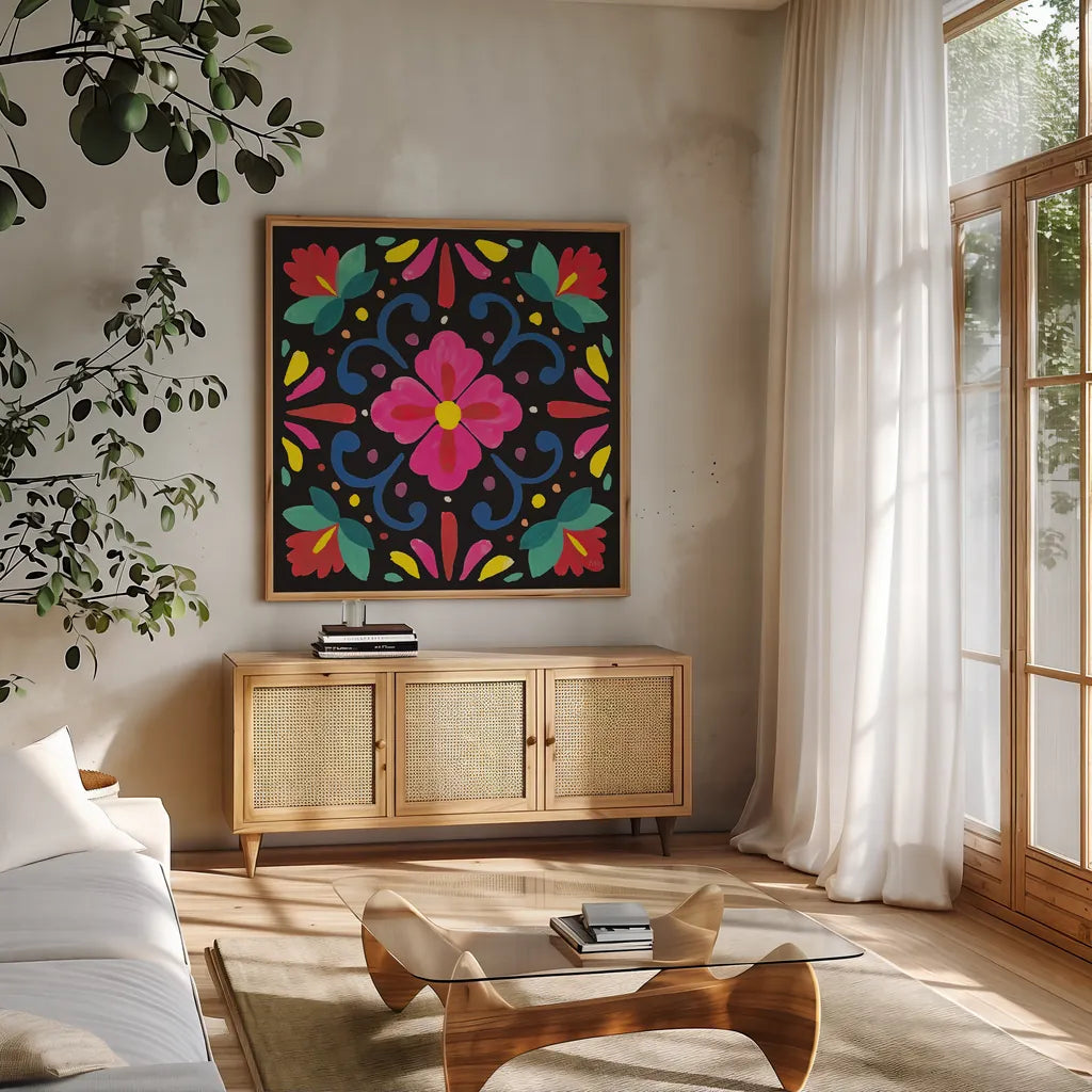 Floral Fiesta Tile VII by Laura Marshall. Shown in a natural wood frame in a cozy modern living room. Available as an archival giclee rolled canvas, fine art paper, or poster print. SKU 41509a.