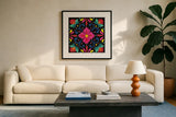 Floral Fiesta Tile VII by Laura Marshall. Displayed in a glass frame with matte in a clean modern living room. Available as an archival giclee rolled canvas, fine art paper, or poster print. SKU 41509a.