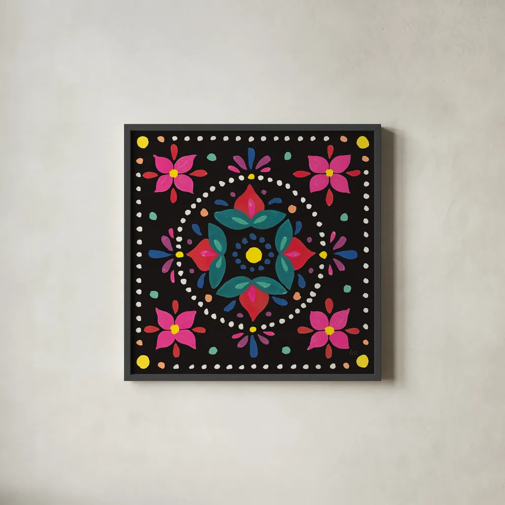 Floral Fiesta Tile VIII by Laura Marshall. Shown in a sleek black glass frame for a contemporary gallery look. Available as an archival giclee rolled canvas, fine art paper, or poster print. SKU 41510a.