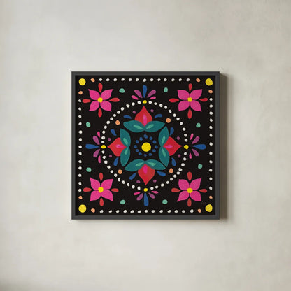 Floral Fiesta Tile VIII by Laura Marshall. Shown in a sleek black glass frame for a contemporary gallery look. Available as an archival giclee rolled canvas, fine art paper, or poster print. SKU 41510a.