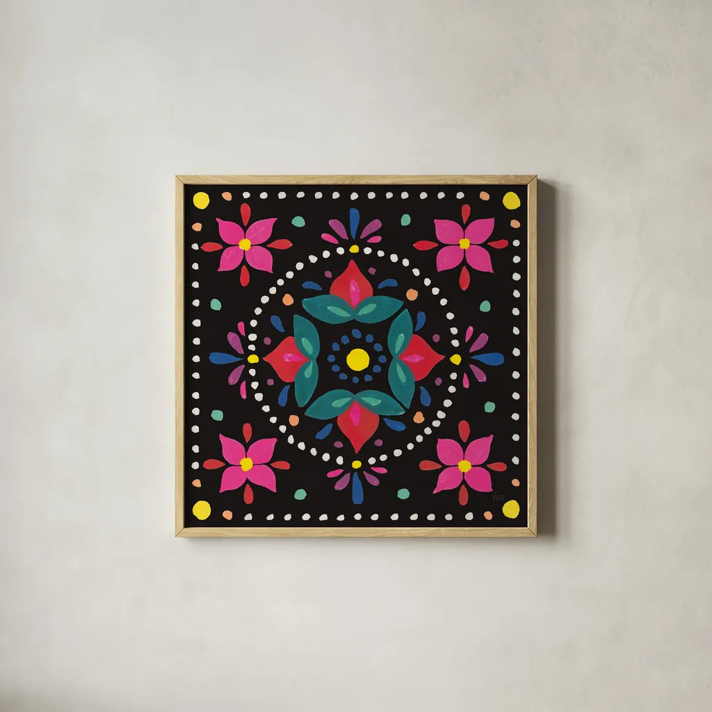 Floral Fiesta Tile VIII by Laura Marshall. Shown in a natural wood glass frame for a timeless modern aesthetic. Available as an archival giclee rolled canvas, fine art paper, or poster print. SKU 41510a.