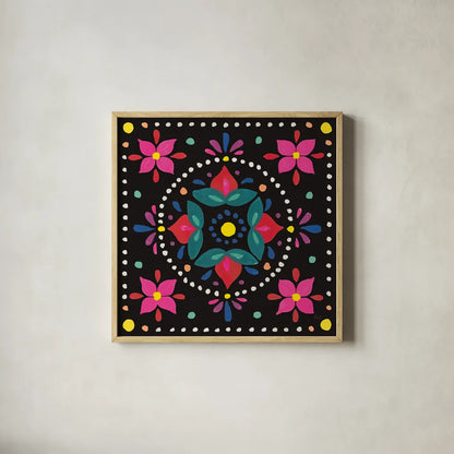 Floral Fiesta Tile VIII by Laura Marshall. Shown in a natural wood glass frame for a timeless modern aesthetic. Available as an archival giclee rolled canvas, fine art paper, or poster print. SKU 41510a.