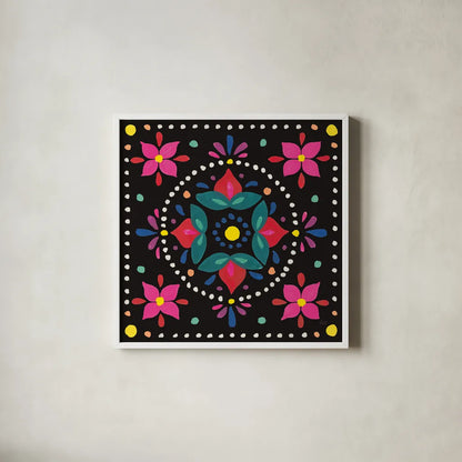 Floral Fiesta Tile VIII by Laura Marshall. Shown in a crisp white glass frame for a clean and minimalist style. Available as an archival giclee rolled canvas, fine art paper, or poster print. SKU 41510a.