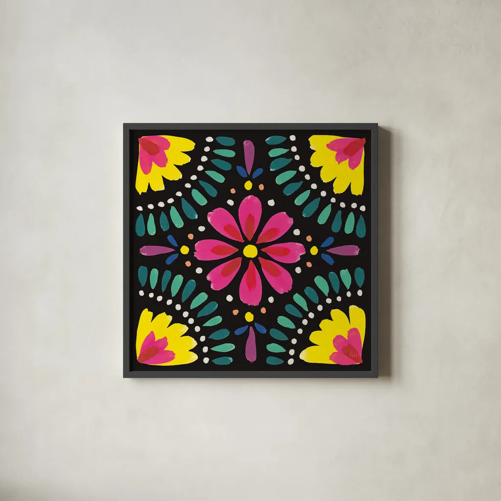 Floral Fiesta Tile X by Laura Marshall. Shown in a sleek black glass frame for a contemporary gallery look. Available as an archival giclee rolled canvas, fine art paper, or poster print. SKU 41512a.