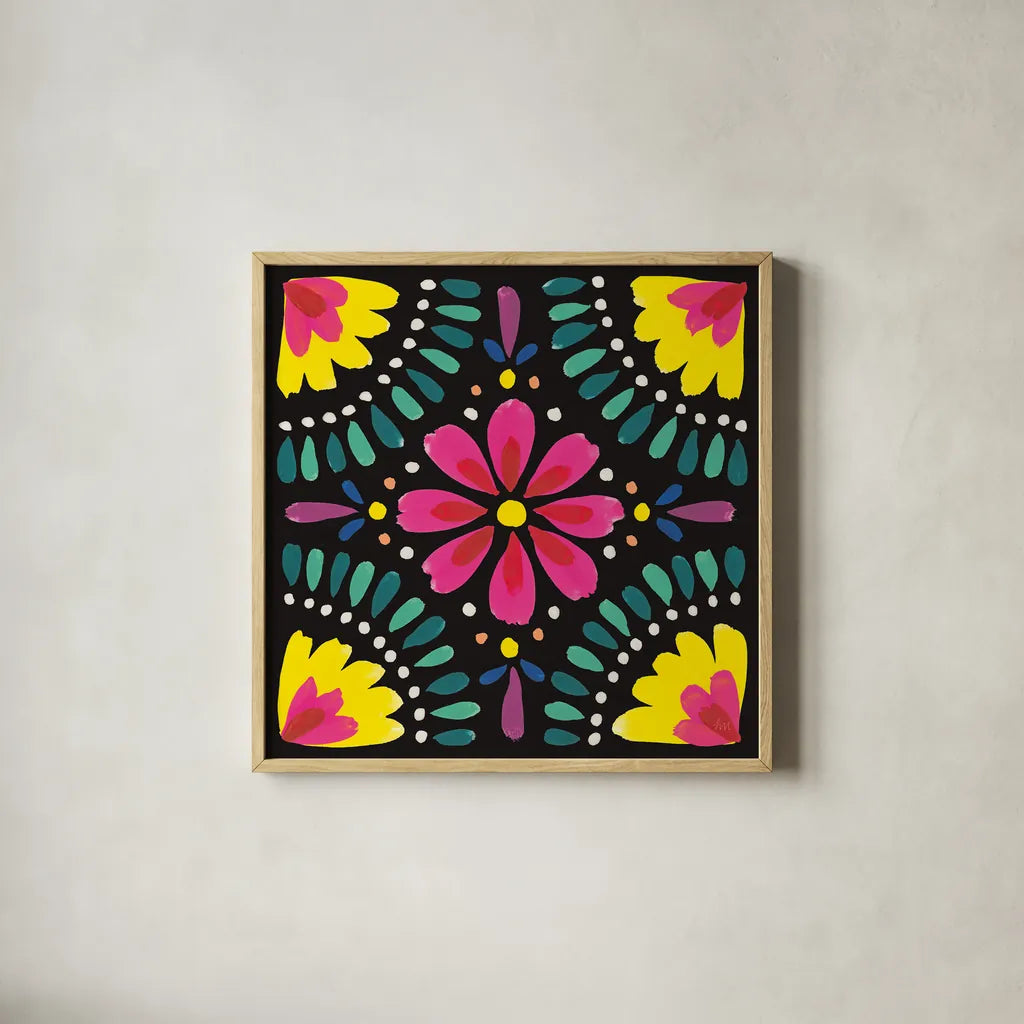 Floral Fiesta Tile X by Laura Marshall. Shown in a natural wood glass frame for a timeless modern aesthetic. Available as an archival giclee rolled canvas, fine art paper, or poster print. SKU 41512a.