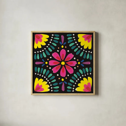 Floral Fiesta Tile X by Laura Marshall. Shown in a natural wood glass frame for a timeless modern aesthetic. Available as an archival giclee rolled canvas, fine art paper, or poster print. SKU 41512a.