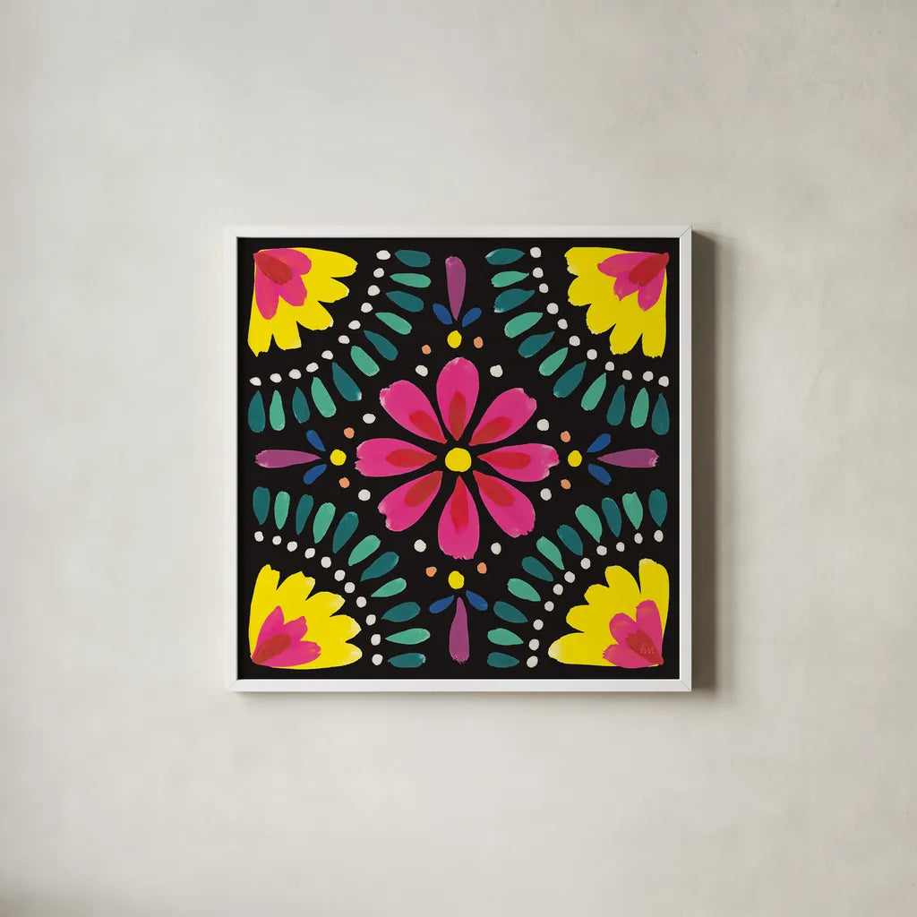 Floral Fiesta Tile X by Laura Marshall. Shown in a crisp white glass frame for a clean and minimalist style. Available as an archival giclee rolled canvas, fine art paper, or poster print. SKU 41512a.