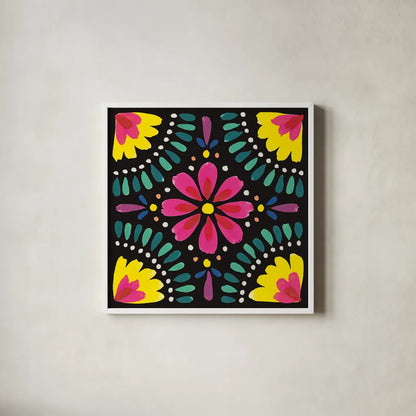 Floral Fiesta Tile X by Laura Marshall. Shown in a crisp white glass frame for a clean and minimalist style. Available as an archival giclee rolled canvas, fine art paper, or poster print. SKU 41512a.
