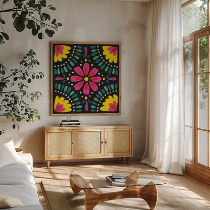 Floral Fiesta Tile X by Laura Marshall. Shown in a natural wood frame in a cozy modern living room. Available as an archival giclee rolled canvas, fine art paper, or poster print. SKU 41512a.