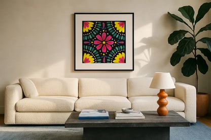 Floral Fiesta Tile X by Laura Marshall. Displayed in a glass frame with matte in a clean modern living room. Available as an archival giclee rolled canvas, fine art paper, or poster print. SKU 41512a.