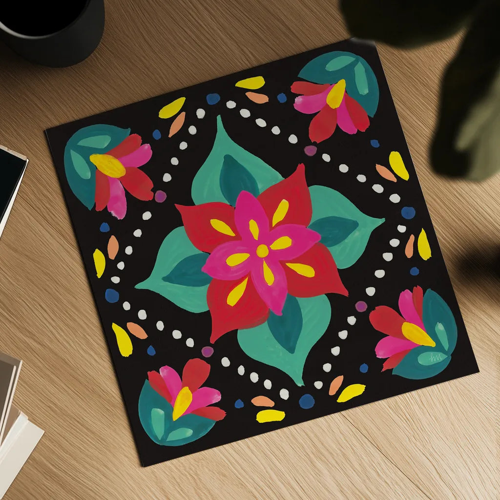 Floral Fiesta Tile XI by Laura Marshall. Shown as a detailed flat fine art print, highlighting archival giclee quality. Available as an archival giclee rolled canvas, fine art paper, or poster print. SKU 41513a.
