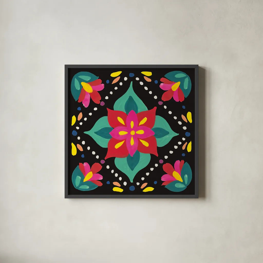 Floral Fiesta Tile XI by Laura Marshall. Shown in a sleek black glass frame for a contemporary gallery look. Available as an archival giclee rolled canvas, fine art paper, or poster print. SKU 41513a.