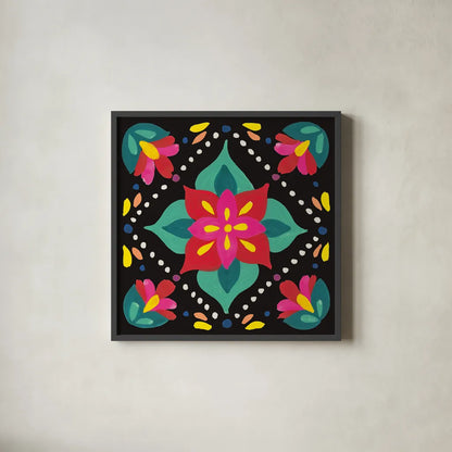 Floral Fiesta Tile XI by Laura Marshall. Shown in a sleek black glass frame for a contemporary gallery look. Available as an archival giclee rolled canvas, fine art paper, or poster print. SKU 41513a.
