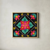 Floral Fiesta Tile XI by Laura Marshall. Shown in a natural wood glass frame for a timeless modern aesthetic. Available as an archival giclee rolled canvas, fine art paper, or poster print. SKU 41513a.
