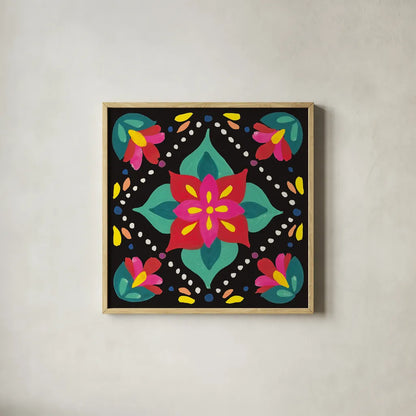 Floral Fiesta Tile XI by Laura Marshall. Shown in a natural wood glass frame for a timeless modern aesthetic. Available as an archival giclee rolled canvas, fine art paper, or poster print. SKU 41513a.