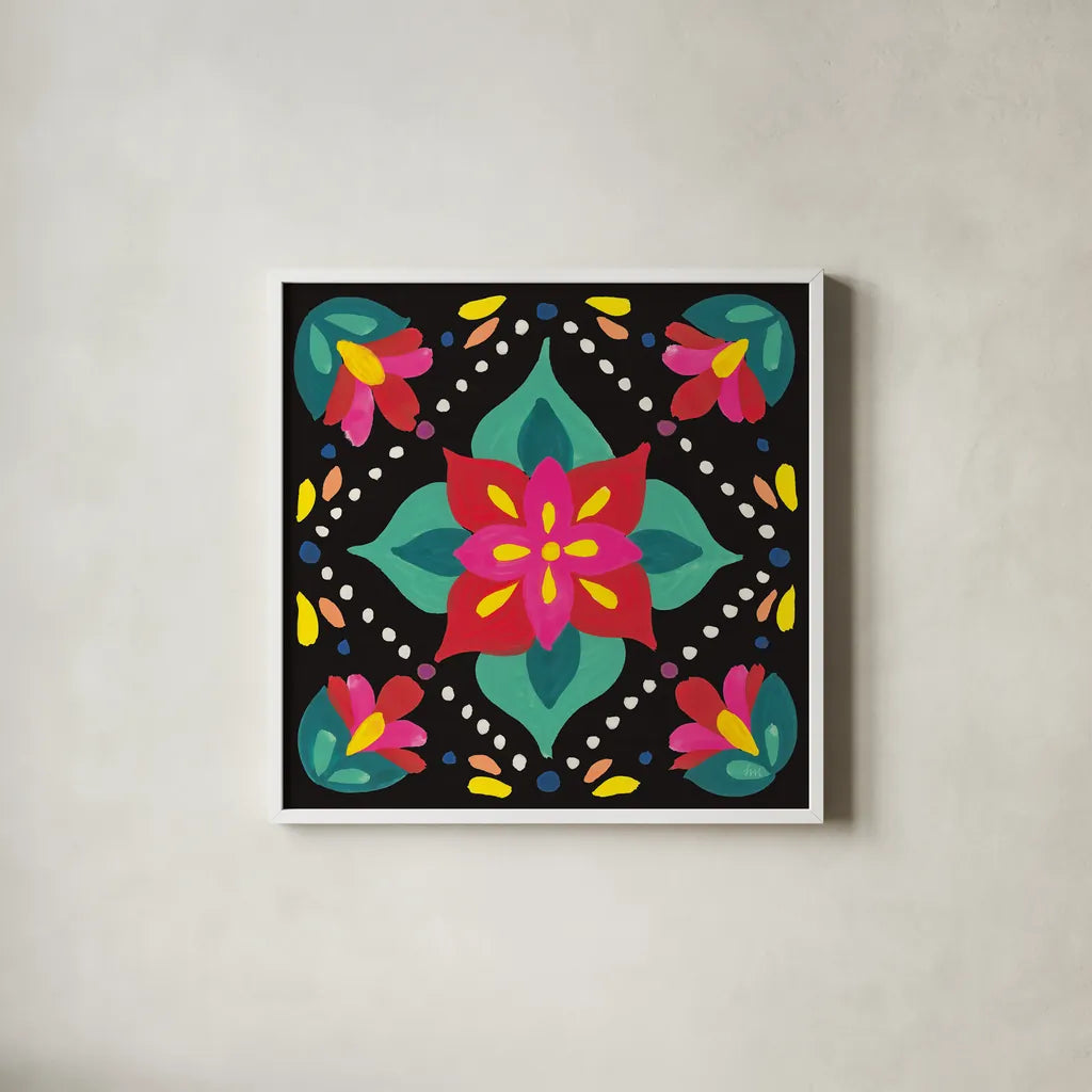 Floral Fiesta Tile XI by Laura Marshall. Shown in a crisp white glass frame for a clean and minimalist style. Available as an archival giclee rolled canvas, fine art paper, or poster print. SKU 41513a.