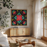 Floral Fiesta Tile XI by Laura Marshall. Shown in a natural wood frame in a cozy modern living room. Available as an archival giclee rolled canvas, fine art paper, or poster print. SKU 41513a.