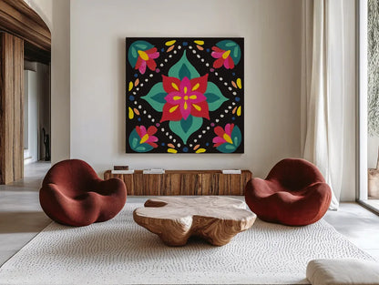 Floral Fiesta Tile XI by Laura Marshall. Shown as extra-large giant wall art in a modern living room. Available as an archival giclee rolled canvas, fine art paper, or poster print. SKU 41513a.