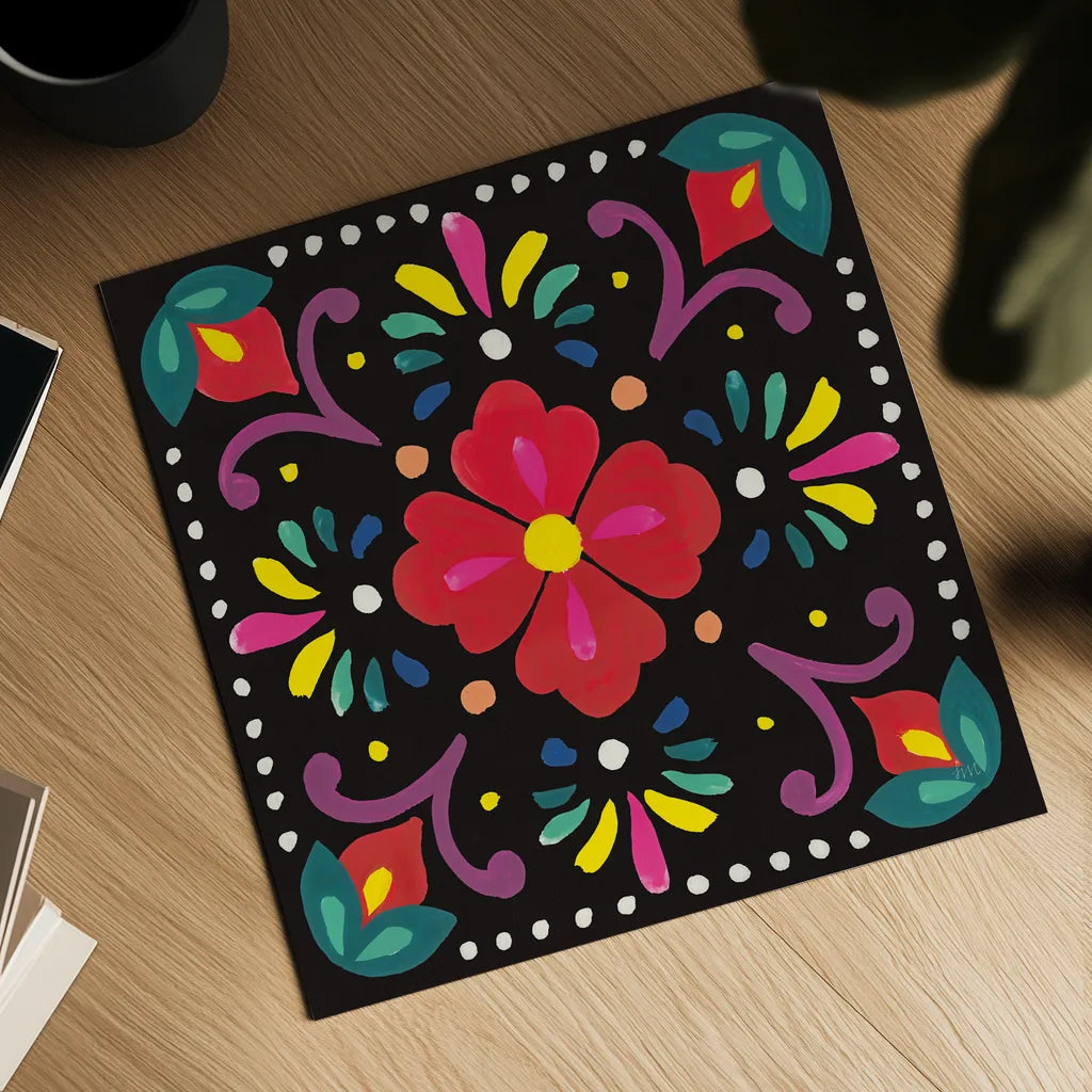 Floral Fiesta Tile XII by Laura Marshall. Shown as a detailed flat fine art print, highlighting archival giclee quality. Available as an archival giclee rolled canvas, fine art paper, or poster print. SKU 41514a.