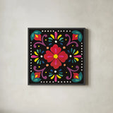 Floral Fiesta Tile XII by Laura Marshall. Shown in a sleek black glass frame for a contemporary gallery look. Available as an archival giclee rolled canvas, fine art paper, or poster print. SKU 41514a.