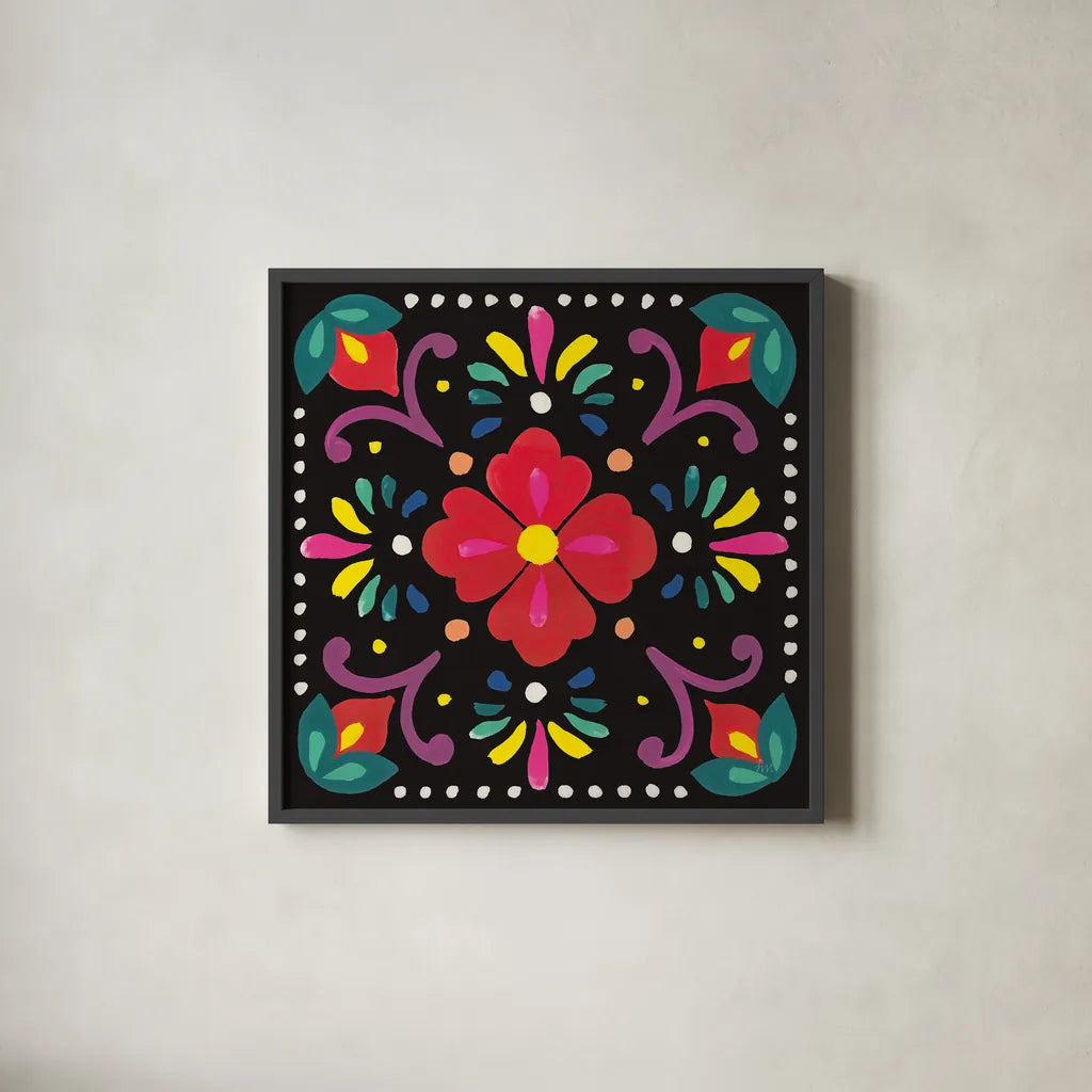 Floral Fiesta Tile XII by Laura Marshall. Shown in a sleek black glass frame for a contemporary gallery look. Available as an archival giclee rolled canvas, fine art paper, or poster print. SKU 41514a.