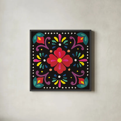 Floral Fiesta Tile XII by Laura Marshall. Shown in a sleek black glass frame for a contemporary gallery look. Available as an archival giclee rolled canvas, fine art paper, or poster print. SKU 41514a.