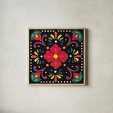 Floral Fiesta Tile XII by Laura Marshall. Shown in a natural wood glass frame for a timeless modern aesthetic. Available as an archival giclee rolled canvas, fine art paper, or poster print. SKU 41514a.