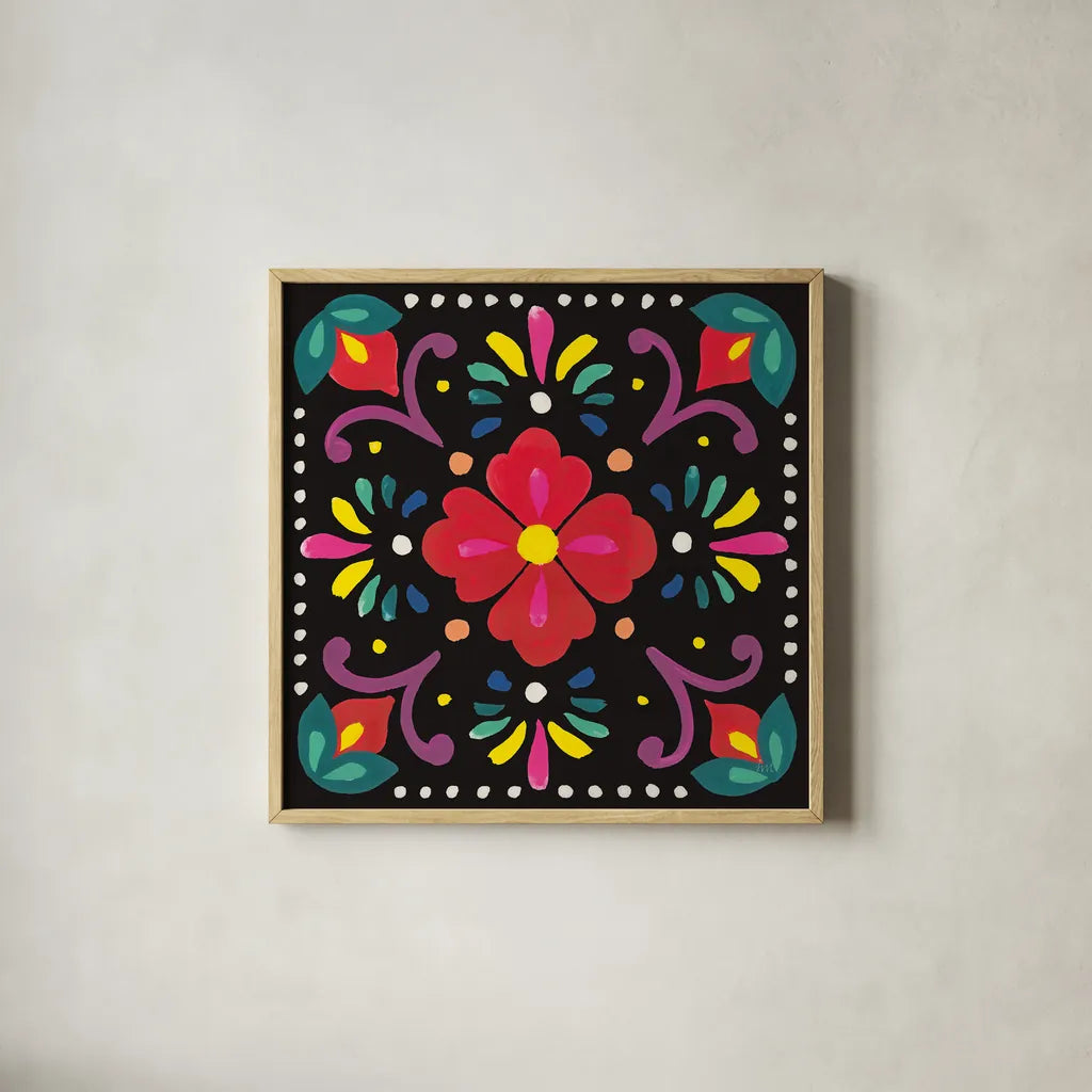 Floral Fiesta Tile XII by Laura Marshall. Shown in a natural wood glass frame for a timeless modern aesthetic. Available as an archival giclee rolled canvas, fine art paper, or poster print. SKU 41514a.