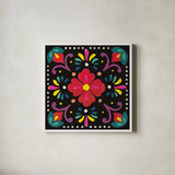 Floral Fiesta Tile XII by Laura Marshall. Shown in a crisp white glass frame for a clean and minimalist style. Available as an archival giclee rolled canvas, fine art paper, or poster print. SKU 41514a.