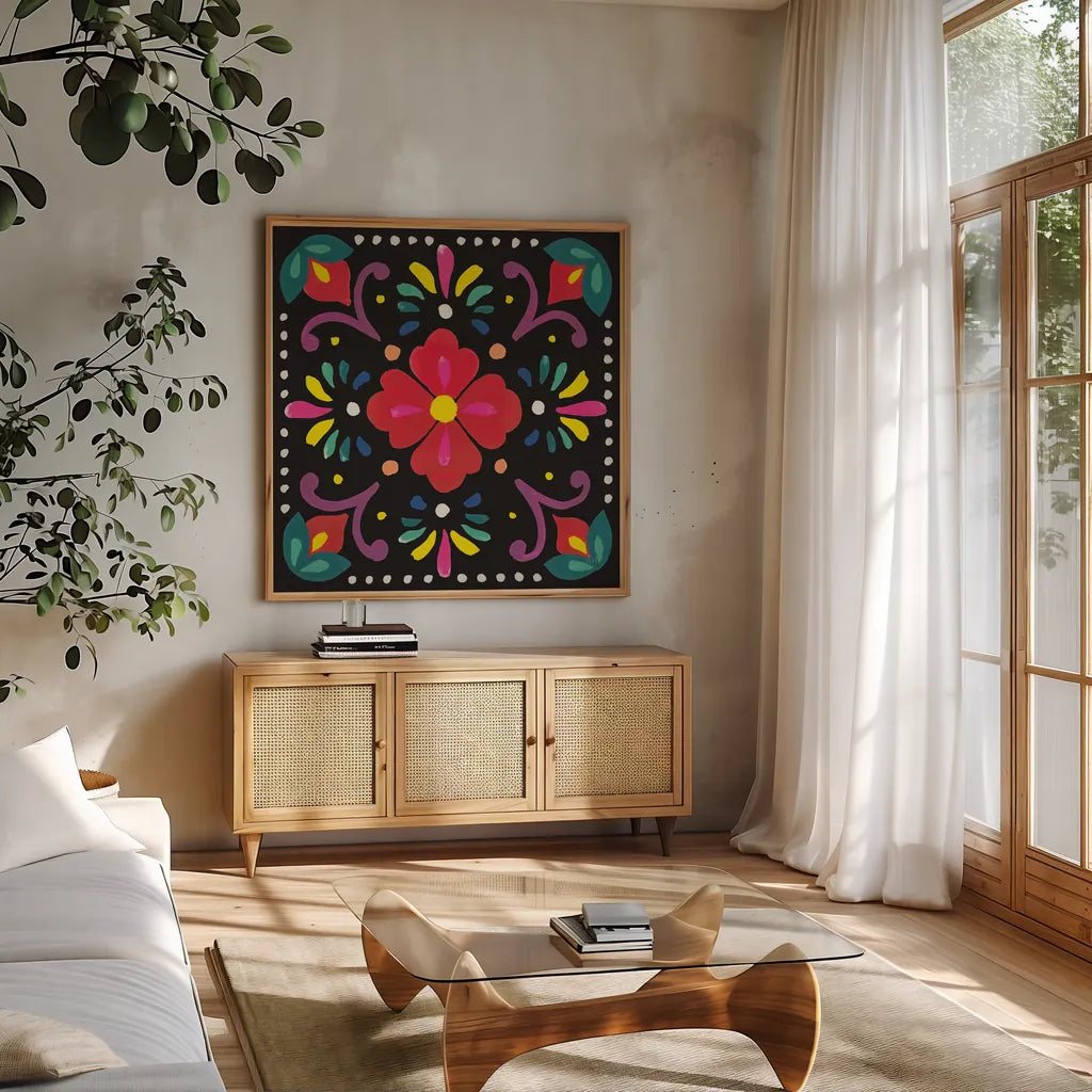 Floral Fiesta Tile XII by Laura Marshall. Shown in a natural wood frame in a cozy modern living room. Available as an archival giclee rolled canvas, fine art paper, or poster print. SKU 41514a.