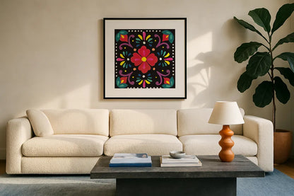 Floral Fiesta Tile XII by Laura Marshall. Displayed in a glass frame with matte in a clean modern living room. Available as an archival giclee rolled canvas, fine art paper, or poster print. SKU 41514a.