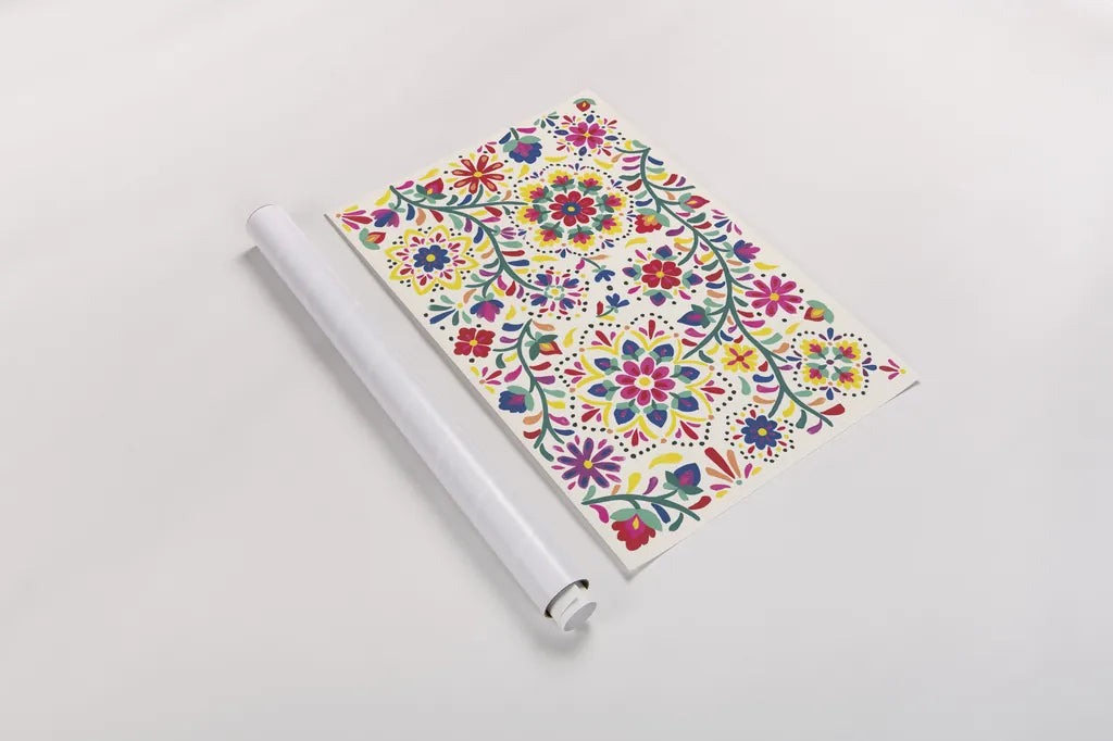 Floral Fiesta White I by Laura Marshall. shown as a rolled paper print. Available as archival giclee rolled canvas, fine art paper, or poster print. SKU 41515i.