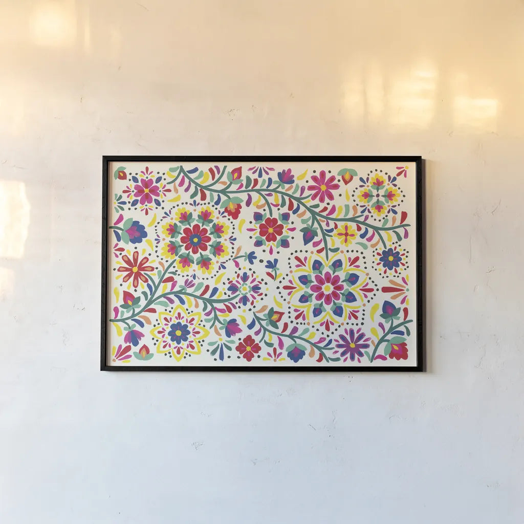 Floral Fiesta White I by Laura Marshall. shown as a paper print in a black flame. Available as a archival giclee rolled canvas, fine art paper, or poster print. SKU 41515i.
