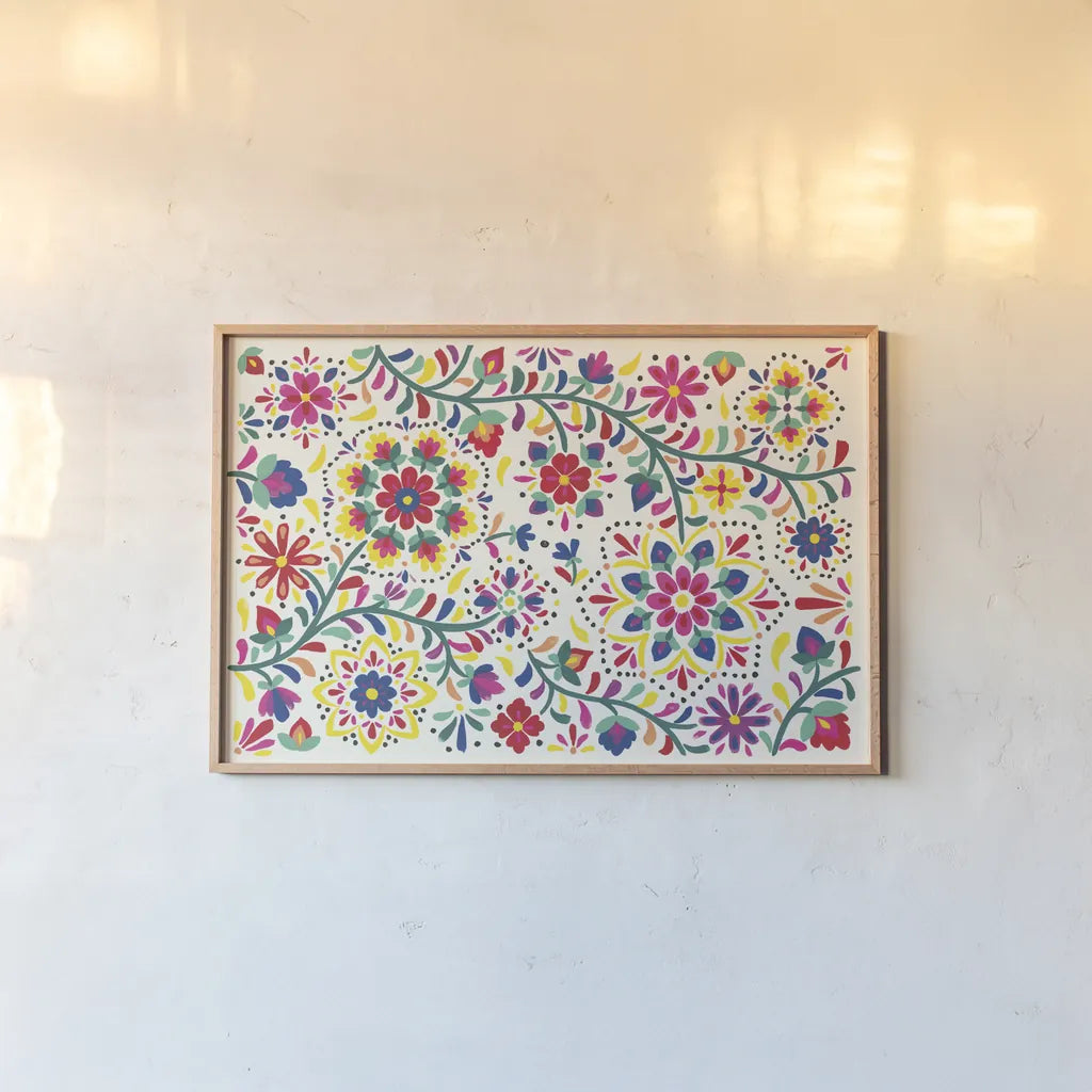 Floral Fiesta White I by Laura Marshall. shown as a paper print in a natural frame. Available as a archival giclee rolled canvas, fine art paper, or poster print. SKU 41515i.