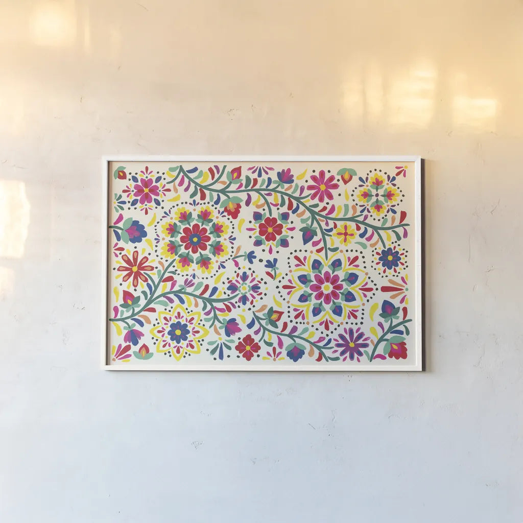 Floral Fiesta White I by Laura Marshall. shown as a paper print in a white frame. Available as a archival giclee rolled canvas, fine art paper, or poster print. SKU 41515i.