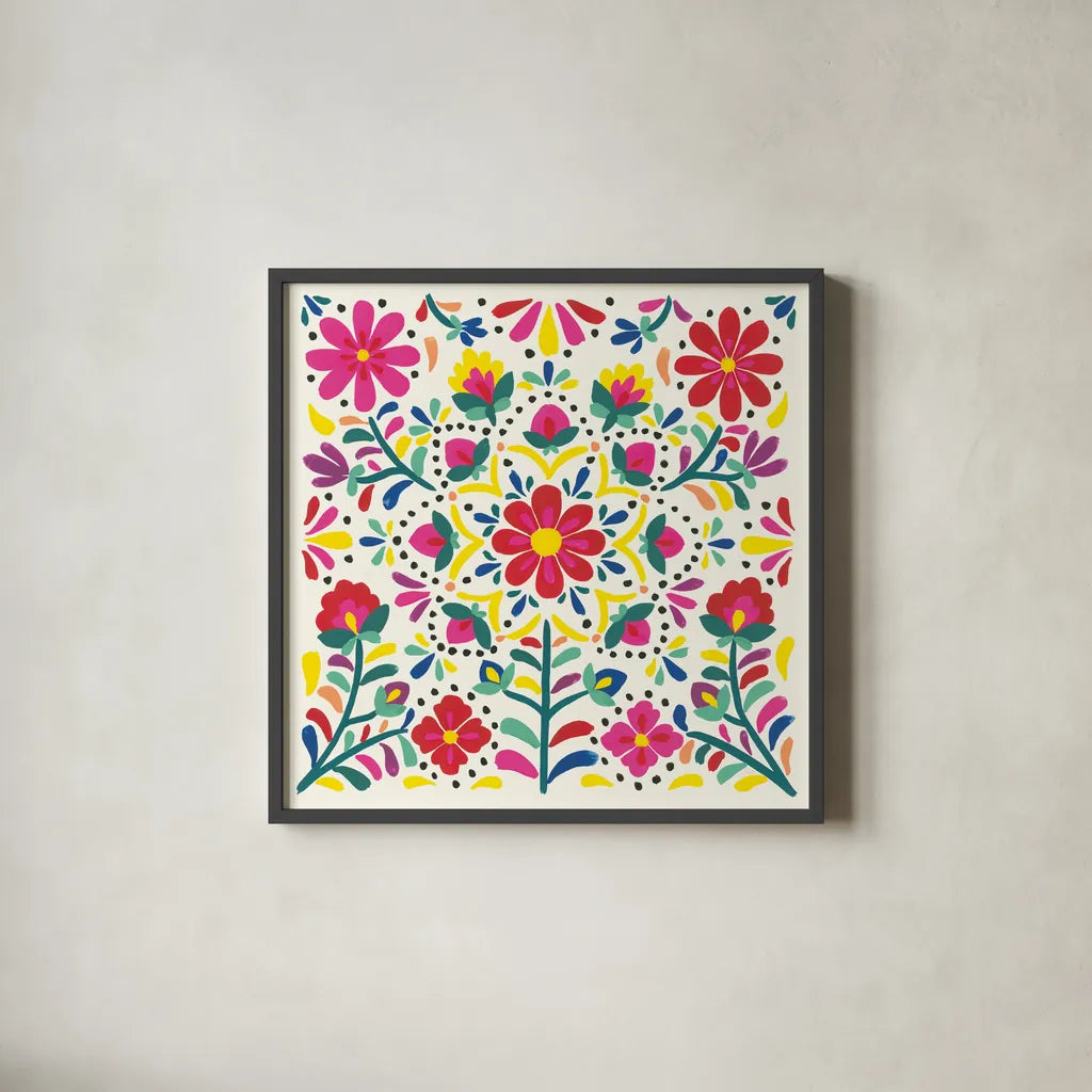 Floral Fiesta White II by Laura Marshall. Shown in a sleek black glass frame for a contemporary gallery look. Available as an archival giclee rolled canvas, fine art paper, or poster print. SKU 41516a.